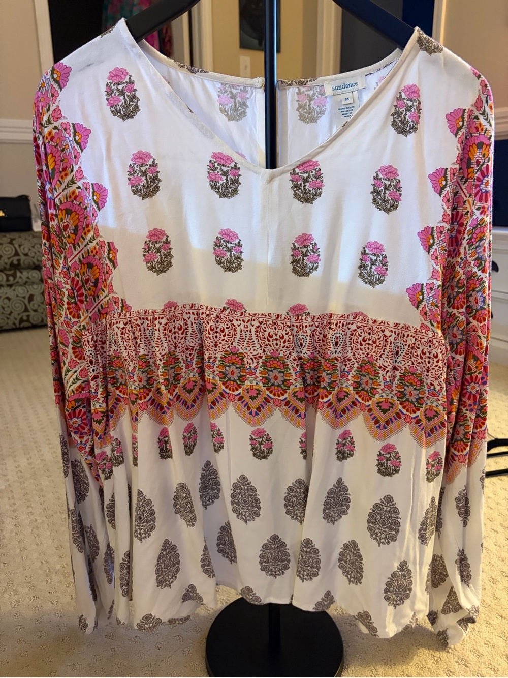 Sundance White Boho Blouse with Pink and Orange Floral Border